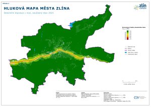 Ukázka výstupu výpočtu akustické mapy železniční dopravy
