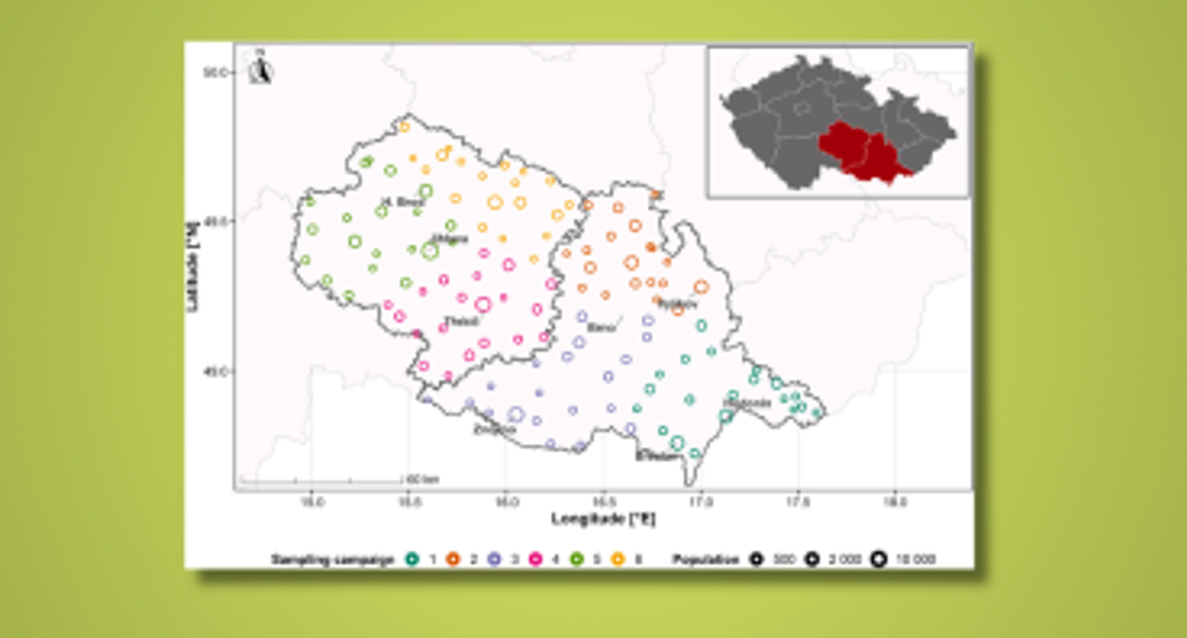 Mapa jižní Moravy s distribucí vzorků