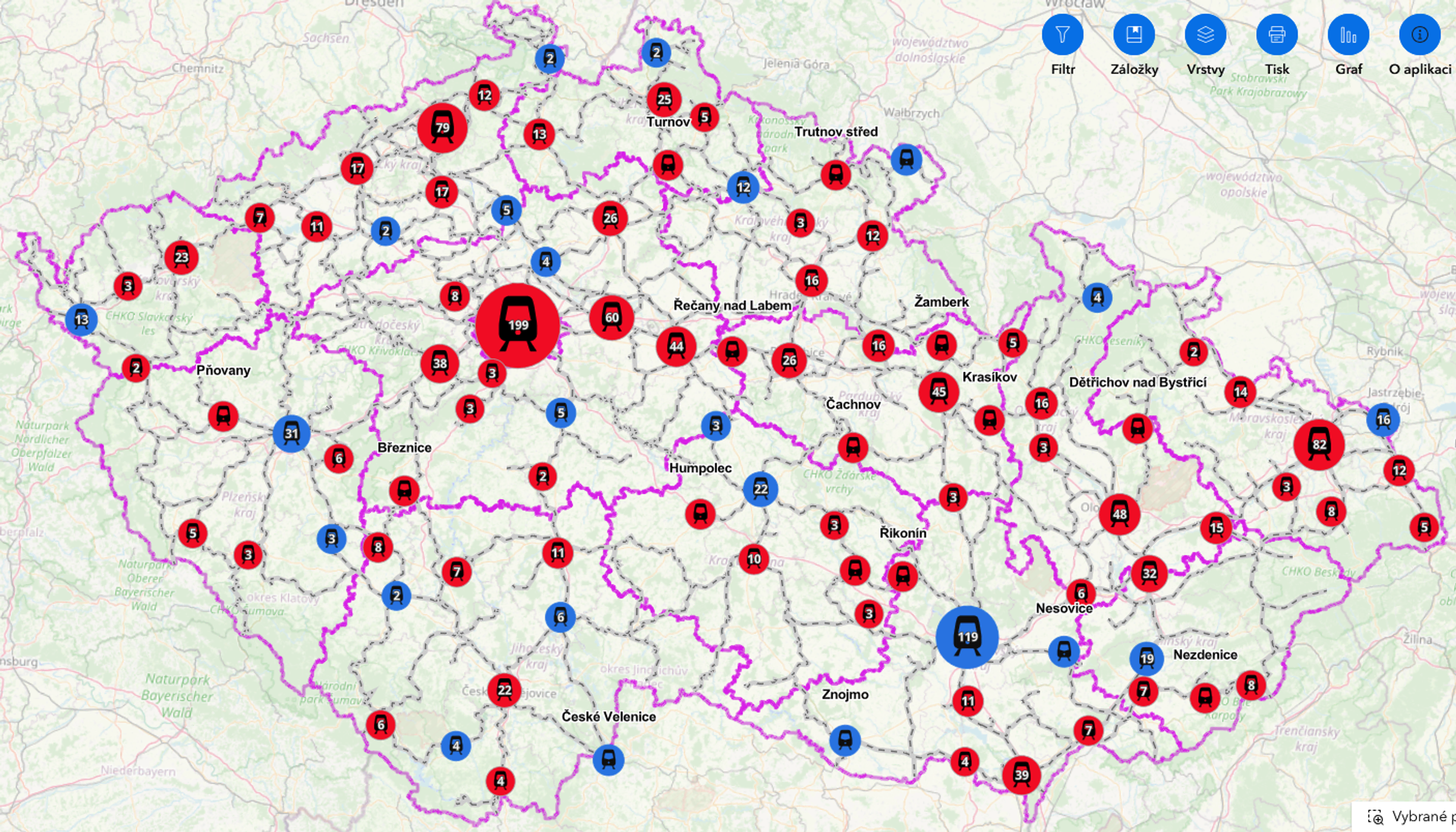 Mapa železničních návěstidel v ČR