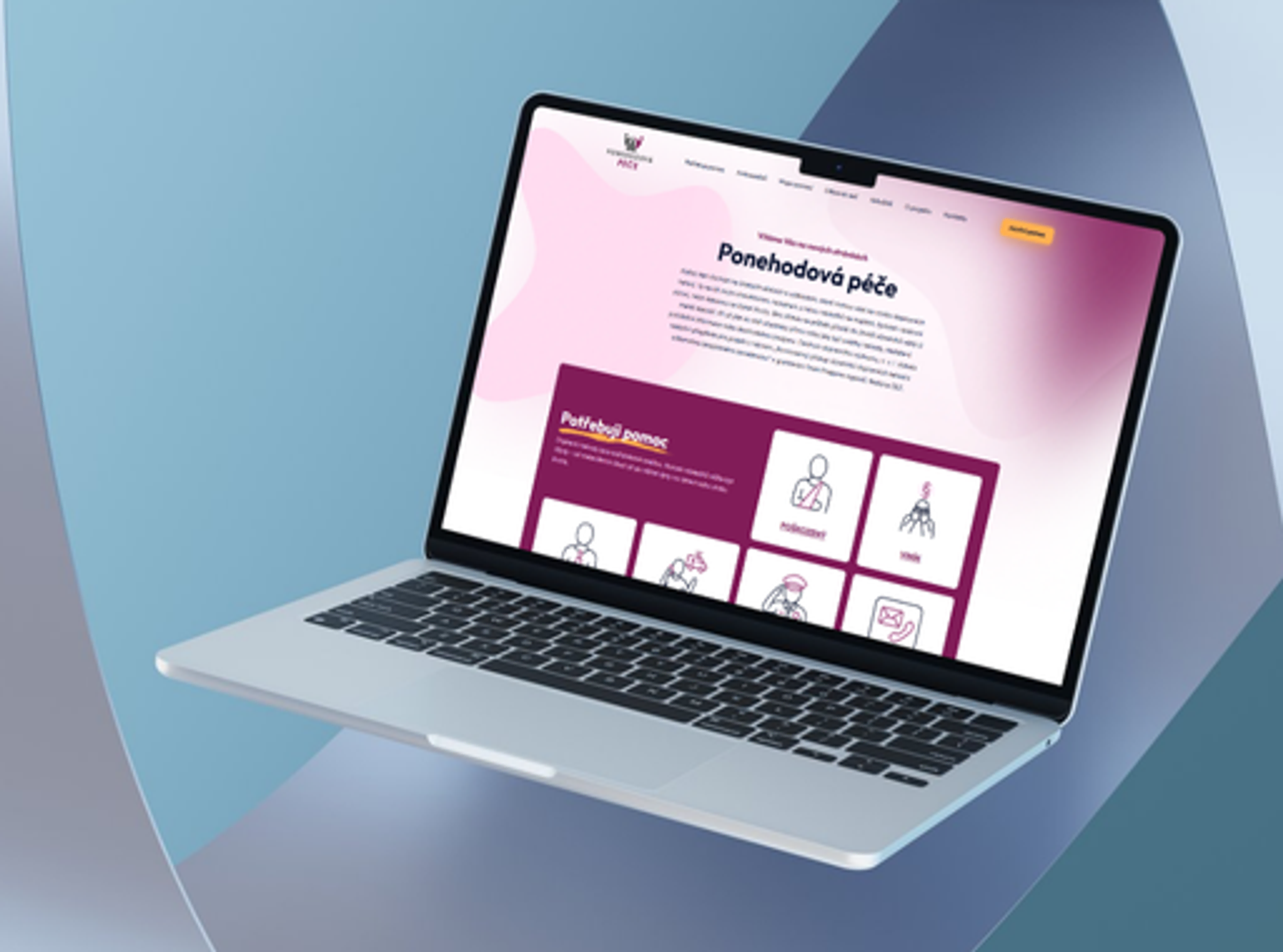 Computer with the visual of the Ponehodová péče website (TZ)